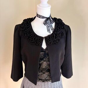 Vintage 90s gothic lolita black ruffle crop bolero jacket glam coquette formal S